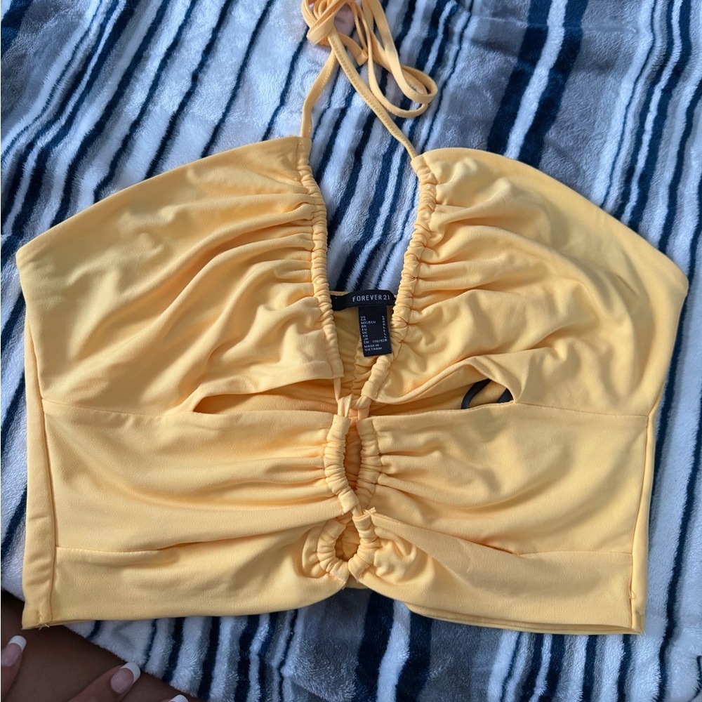 Forever 21 Light Yellow Ruched Halter Keyhole Crop Top